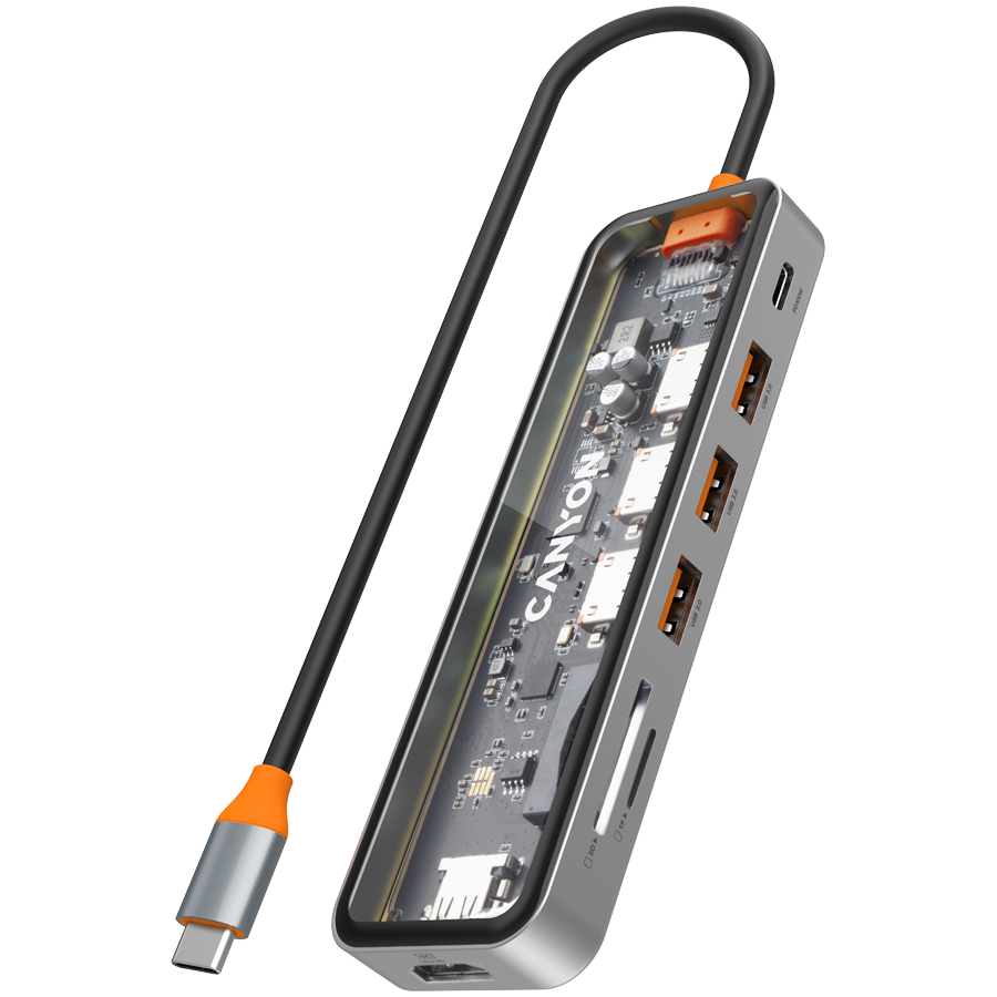 240131080012390847 USB хъб CANYON CANYON hub DS-13 7in1 4k USB-C Transparent Space Grey - Image 1