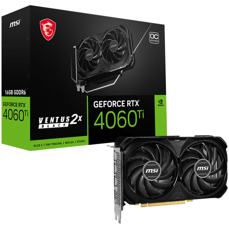 231108143103716710 MSI Video Card Nvidia GeForce RTX 4060 TI VENTUS 2X BLACK 16G OC, 16GB GDDR6, 128bit, Boost: 2625 MHz, 18Gbps, 4352 CUDA Cores, PCIe 4 x 16, 3x DP 1.4a, HDMI 2.1a, RAY TRACING, Dual Fan, 1x8pin, 550W Recommended PSU, 3Y - Image 1