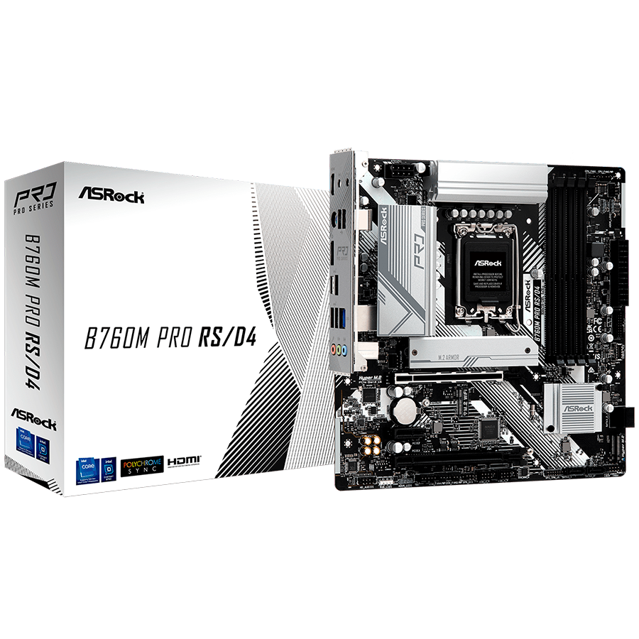 240223090011378121 B760M PRO RS/D4 - ASROCK MB Desktop B760M Pro RS (S1700, 4x DDR4, 2x PCIe 4.0 x16, 1x PCIe 4.0 x1, 1x Hyper M.2 PCIe Gen4x4, 4x SATA3, 2x USB-C, 5x USB 3.2, 6x USB 2.0, 1x RJ-45 2.5GB, 1x HDMI, 1x DP, 7.1 HD Audio, micro ATX - Image 1