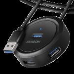 Universal four-port USB 3.2 Gen 1 hub. Connector for external power supply. USB-A cable 30 cm.