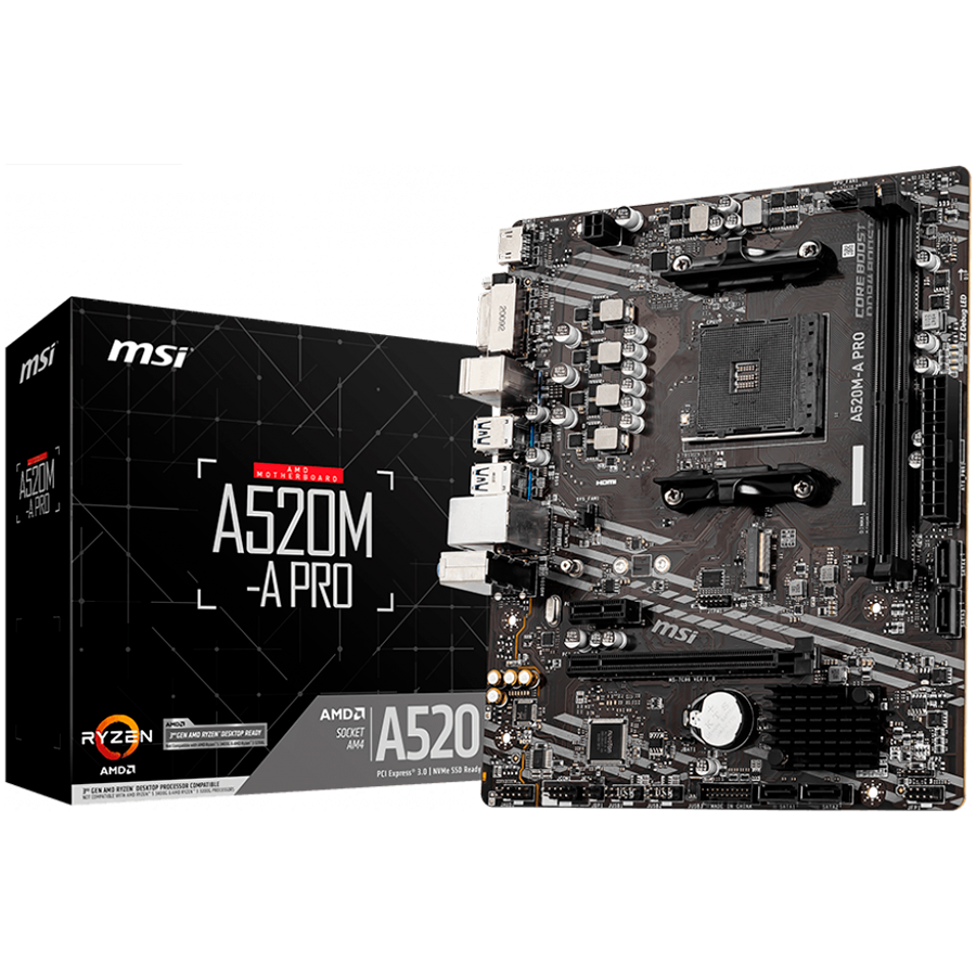 210218170011459930 MSI Main Board Desktop A520M (AM4, 2xDDR4, 1xPCI-Ex16, 1xPCI-Ex1, M.2, 4xSATA3, 6xUSB3.2 Gen1, 6xUSB2.0, HD Audio, DVI-D, HDMI, GLAN) mATX Retail - Image 1