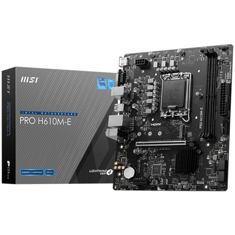 240930160010496696 MSI PRO H610M-E, mATX, LGA 1700, Dual Channel DDR5 5600+MHz, 1x PCIe x16 slot, 1x M.2 slot, 1x HDMI, 1x VGA, 2x USB 3.2 Gen 1, 4x USB 2.0, 7.1 HD Audio, Realtek ALC897 Codec, 3Y - Image 1