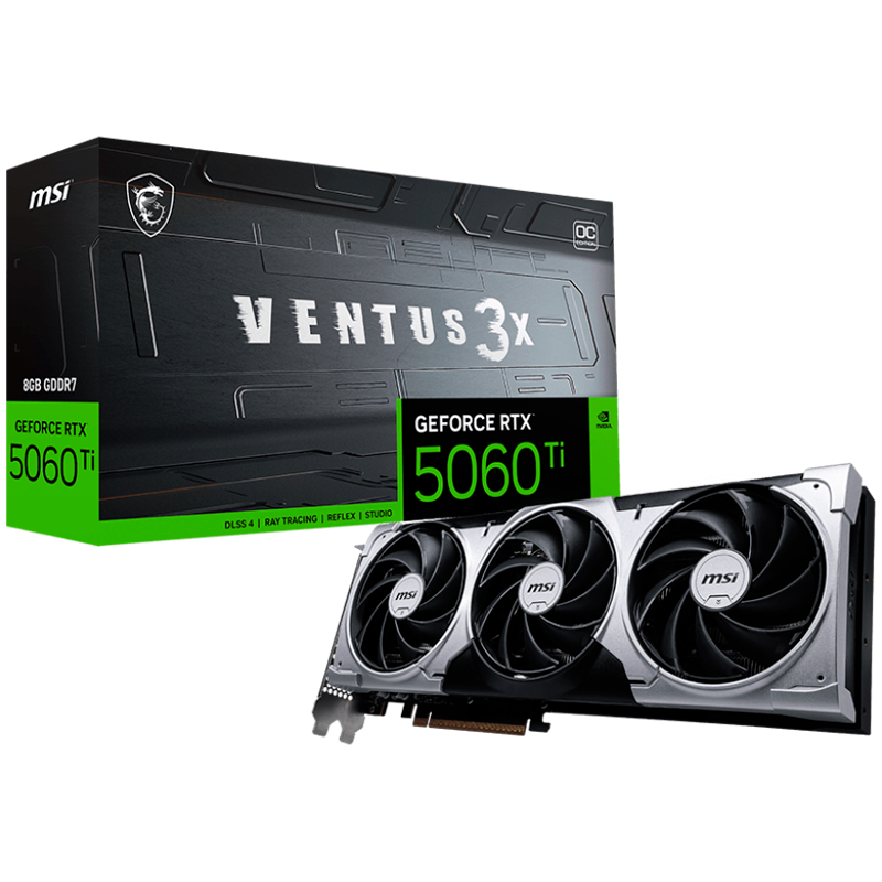 250512140010821337 MSI Video Card NVIDIA GeForce RTX 5060 Ti 8G VENTUS 3X OC, 8GB GDDR7, 128-bit, 2617 MHz Boost, 4608 CUDA Cores, PCIe 5.0 (x8), 3x DP 2.1b, HDMI 2.1b, RAY TRACING, Triple Fan, 180W TDP, 8-pin PCIe Power, G-SYNC, 2-Slot, 3Y - Image 1